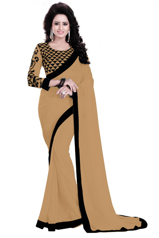Saumya Designer Applique Bollywood Poly Georgette Saree(Black, Beige)