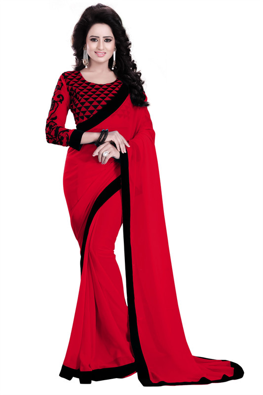 Saumya Designer Solid Bollywood Poly Georgette Saree(Red, Black)
