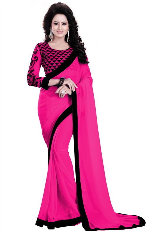 Saumya Designer Graphic Print Bollywood Poly Georgette Saree(Black, Pink)