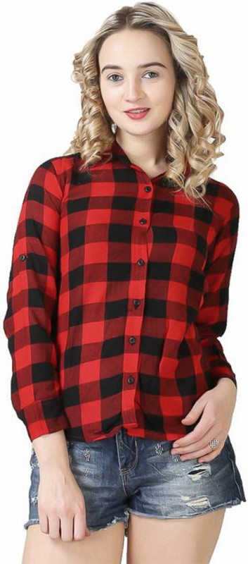 trendyfrog Women Checkered Casual Red, Black Shirt