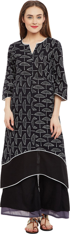 9rasa Women Printed A-line Kurta(White, Black)