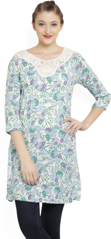 People Women Printed Straight Kurta(White, Green)