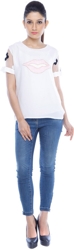 3NH Casual Short Sleeve Embroidered Women White Top