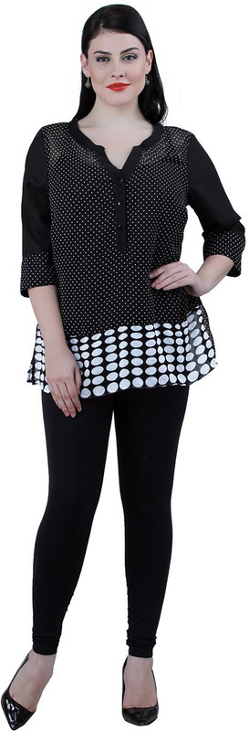 Qurvii Casual 3/4 Sleeve Polka Print Women Black Top