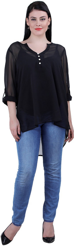 Qurvii Casual Roll-up Sleeve Solid Women Black Top