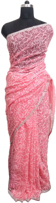 Dream's Designer Embroidered Lucknow Chikankari Handloom Poly Georgette Saree(Pink)