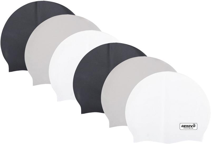 DeNovo DeNovo (Set of 6) Ecnomical Set of Silicone Swimming Caps (Black, White & Grey ) Swimming Cap(Multicolor, Pack of 6)