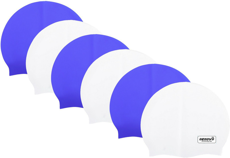 DeNovo DeNovo (Set of 6) Ecnomical Set of Silicone Swimming Caps (White & Blue) Swimming Cap(Multicolor, Pack of 6)