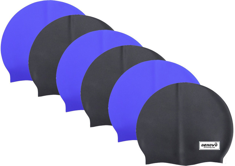 DeNovo DeNovo (Set of 6) Ecnomical Set of Silicone Swimming Caps (Black & Blue) Swimming Cap(Multicolor, Pack of 6)