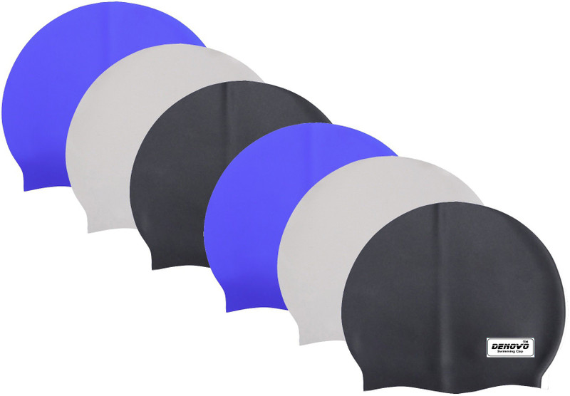 DeNovo DeNovo (Set of 6) Ecnomical Set of Silicone Swimming Caps (Black, Grey & Blue) Swimming Cap(Multicolor, Pack of 6)