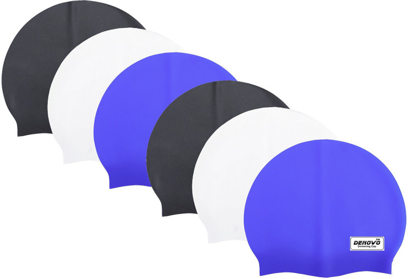 DeNovo DeNovo (Set of 6) Ecnomical Set of Silicone Swimming Caps (Black, White, & Blue) Swimming Cap(Multicolor, Pack of 6)