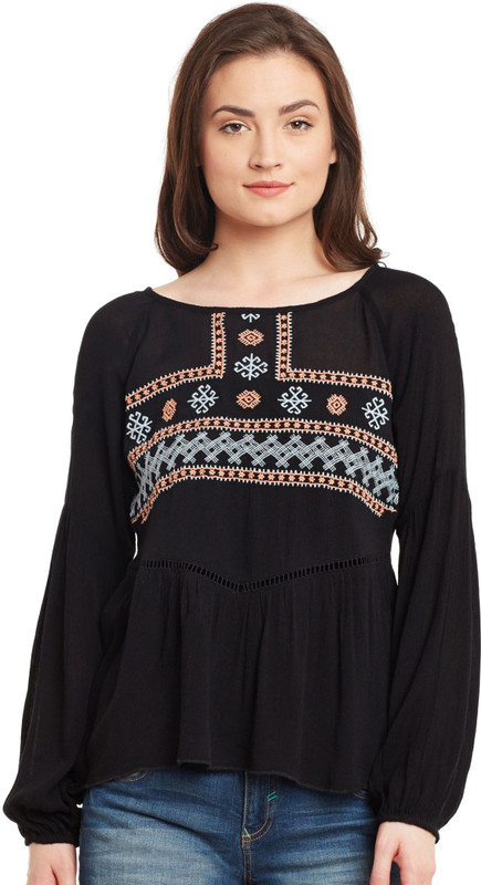 The Vanca Casual Full Sleeve Embroidered Women Black Top
