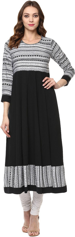 IVES Women Chevron/Zig Zag Straight Kurta(Black)
