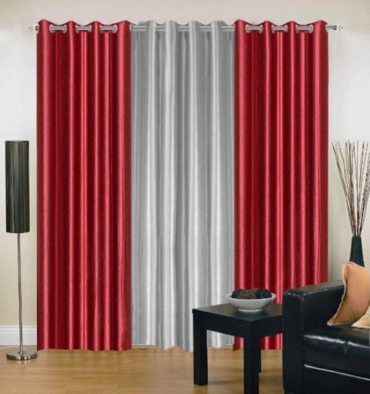 iDOLESHOP 213.5 cm (7 ft) Polyester Semi Transparent Door Curtain (Pack Of 3)(Solid, Silver, Maroon)