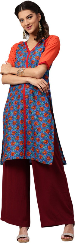 Libas Women Printed Straight Kurta(Red, Blue)