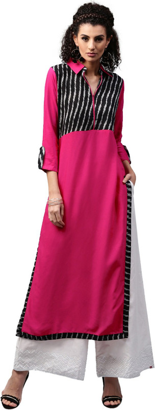 Libas Women Solid Straight Kurta(Pink, Black)