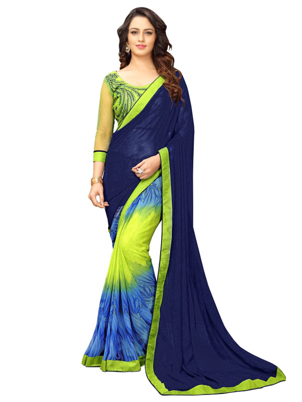 onlinefayda Printed Fashion Poly Georgette Saree(Dark Blue)