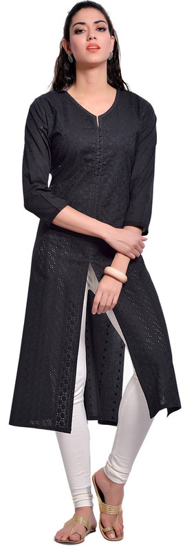 Zola Casual Chikan Embroidery Women Kurti(Black)