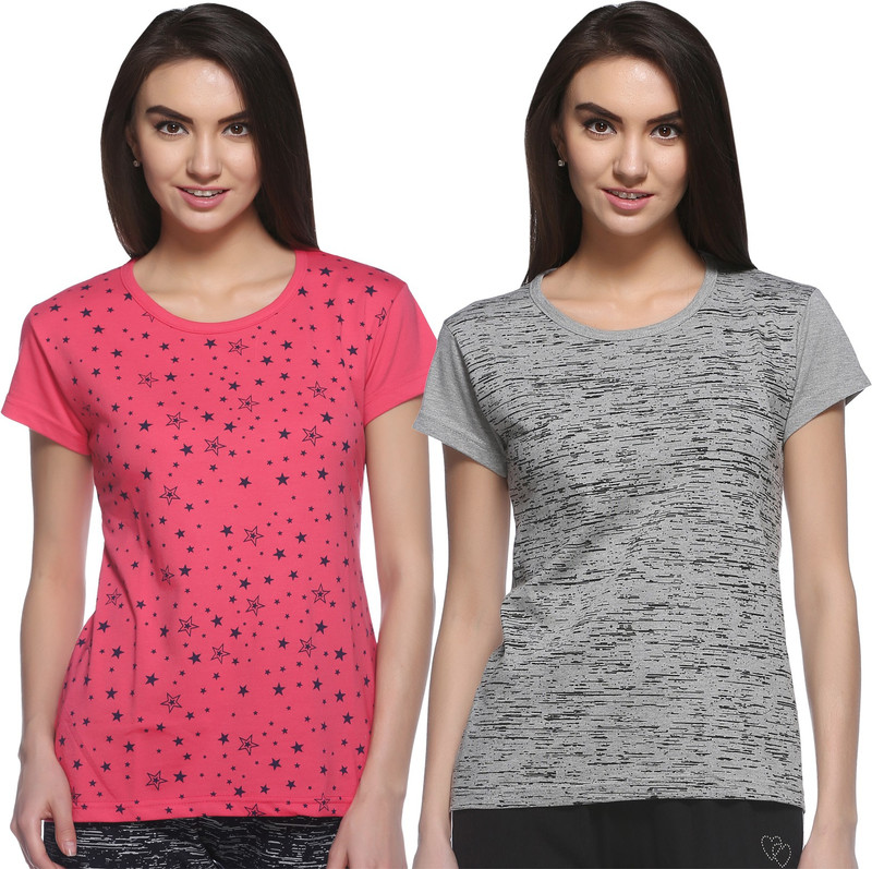 Shaun Printed Women Round Neck Pink, Grey T-Shirt(Pack of 2)