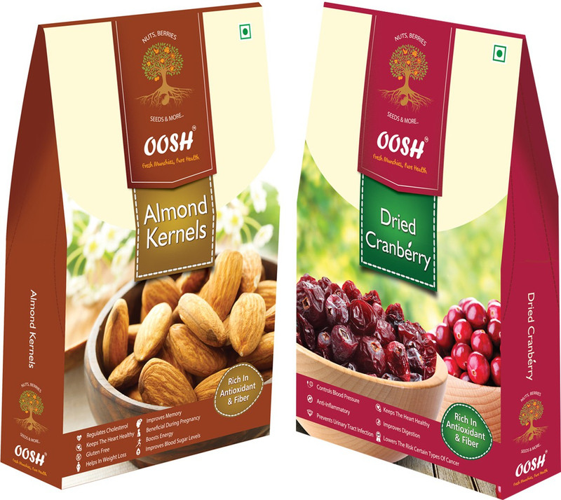 Oosh Plain Almond Kernel 250g & Whole Dried Cranberry 250g Almonds, Cranberries(2 x 250 g)