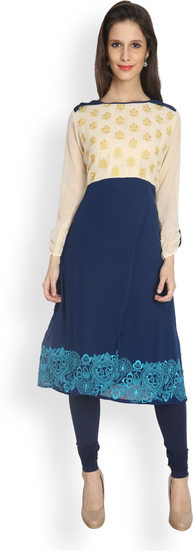 Eternal Casual Embroidered Women Kurti(Blue, Beige)