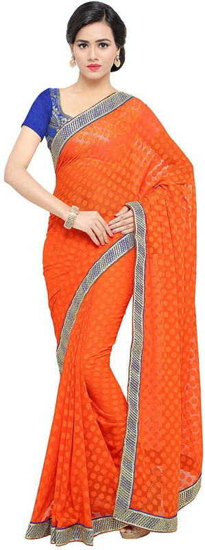 Adorn Fashion Solid Fashion Cotton Blend Saree(Blue, Orange)