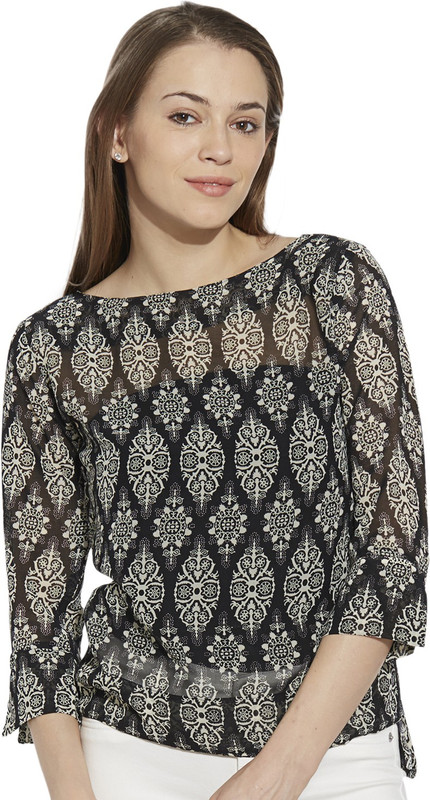Viro Casual 3/4 Sleeve Paisley Women Black Top