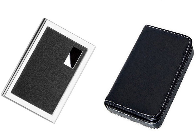 CrackaDeal Trendy 2017 High Quality Steel Black Leather Executive Pocket ATM & Soft Black Leather Premium Visiting 6 Card Holder(Set of 2, Multicolor)