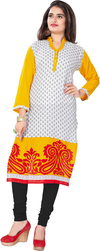 saffron Casual Printed Women Kurti(White, Yellow)