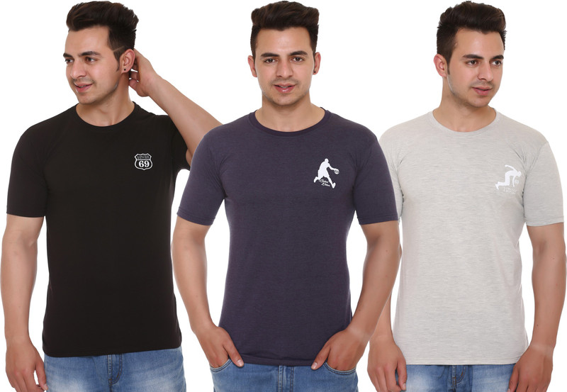 Shaun Solid Men's Round Neck Grey, Black, Dark Blue T-Shirt(Pack of 3)