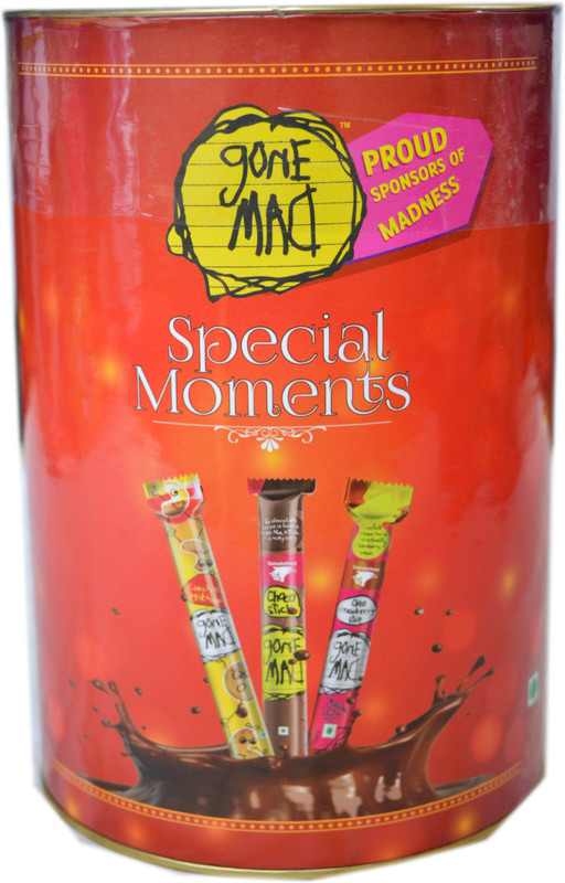 Gone Mad Special Moments Tin Assorted Pack ( 16 N of chocostick,16 N of chocostrawberry Stick::16 n Of Cashew Mithai Stick) Wafer Rolls(624 g)