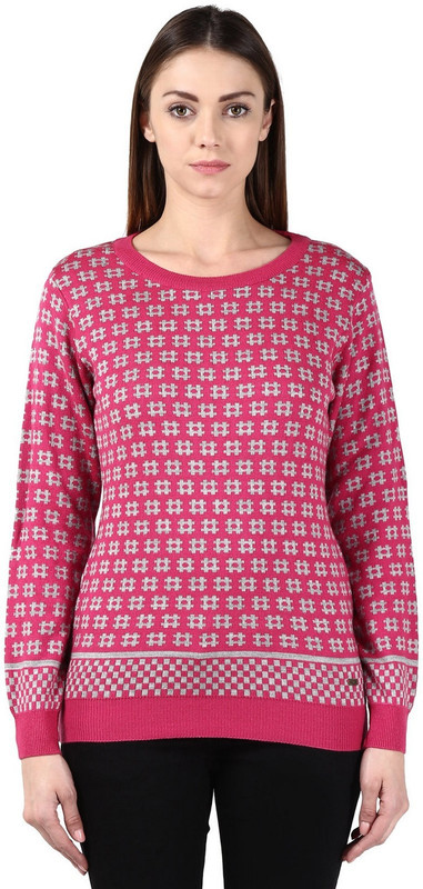 Park Avenue Printed Round Neck Casual Women Pink, White Sweater