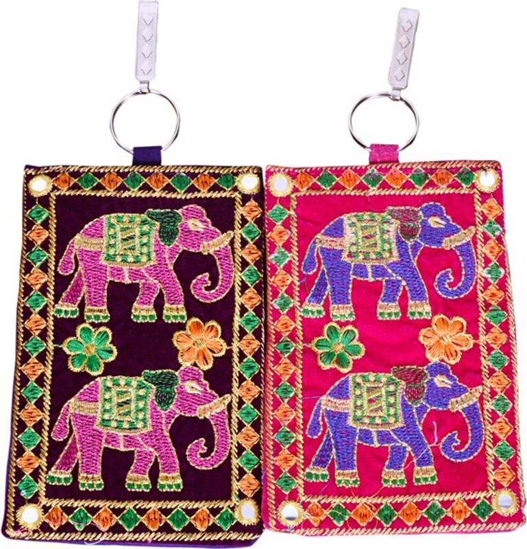 Craft Trade Women's Cotton Rajasthani Elephant Design Multicolour Mobile Pouch - Set of 2 Pouch(Multicolor, Blue)