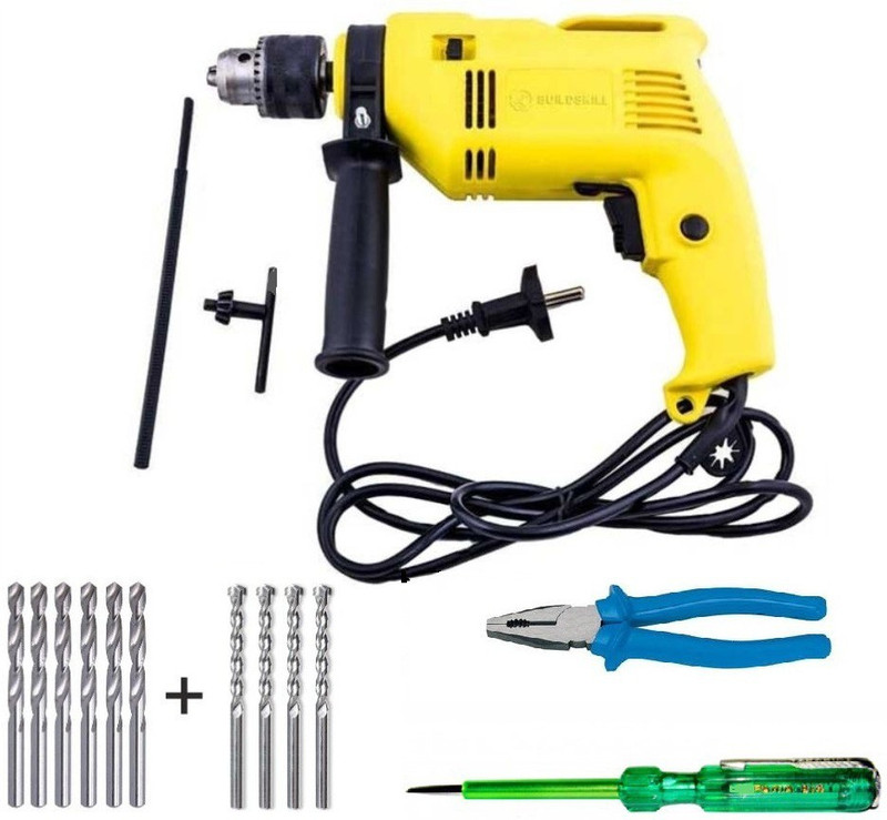 Buildskill 350W Reversible and Impact Powerful 13mm Electric Drill with High Quality 10 Bits, Plier and Tester Power & Hand Tool Kit(13 Tools)