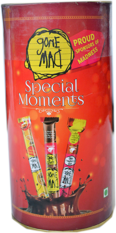 Gone Mad Special Moments Tin Assorted Pack ( 8 N of chocostick,8 N of chocostrawberry Stick::8 N Of Cashew Mithai Stick) Wafer Rolls(312 g)