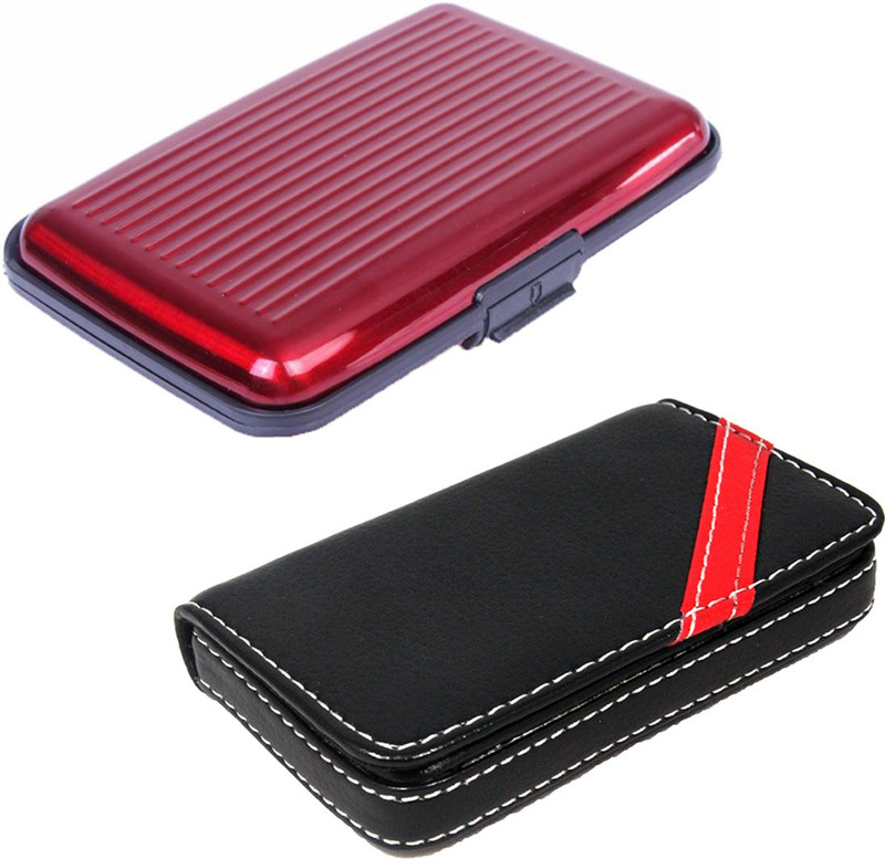 Stealodeal Red Strip Leather and Aluminium |Combo of 2| 15 Card Holder(Set of 2, Black, Red)
