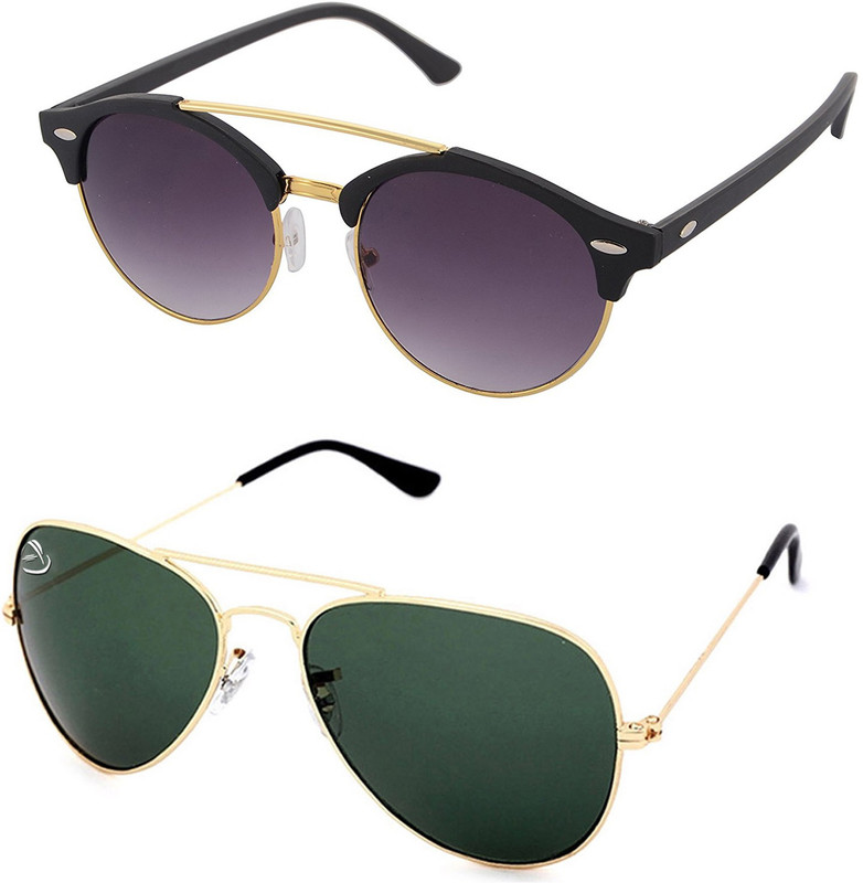 Aventus Round, Aviator Sunglasses(Black, Green)