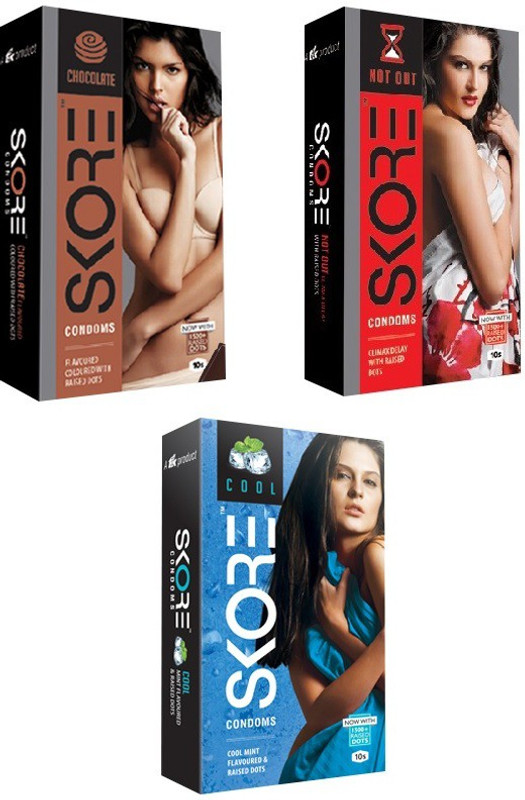 SKORE Combo Pack-Chocolate,Not Out-Climex delay,Cool-Mint Flavoured - Dotted Condom(Set of 3, 30 Sheets)