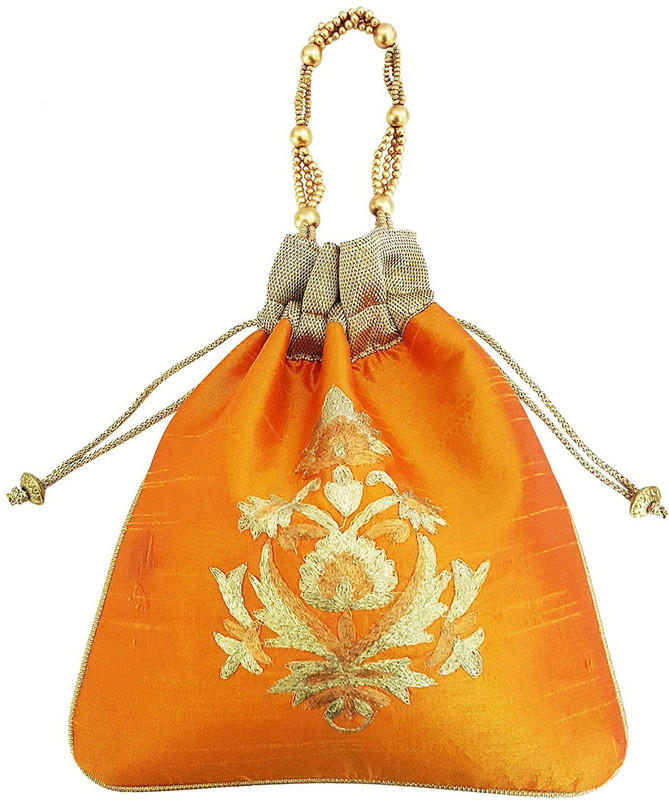 Mehrunnisa Big Floral Embroidered Potli Bag Wristlet(Orange)