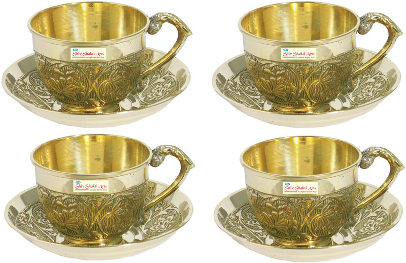 Shivshakti Arts Pack of 4 Brass Set Of 4 Handmade Pure Embossed With Leaf Design For Tea Purpose(Yellow, Cup and Saucer Set)