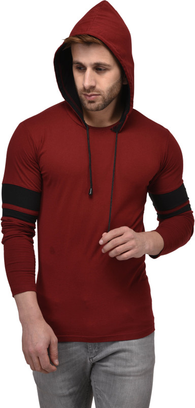 Kay Dee Color block Men Hooded Maroon, Black T-Shirt Kay Dee Color block Men Hooded Maroon, Black T-Shirt