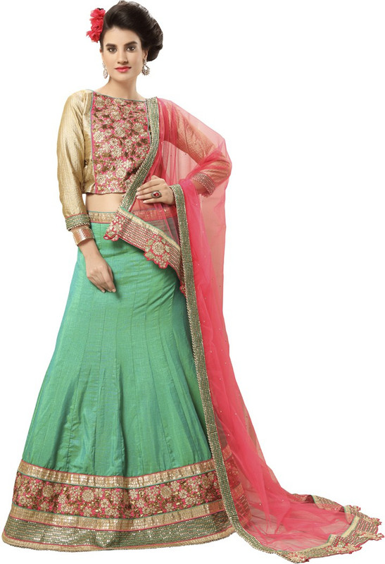 Manvaa Embroidered Semi Stitched Lehenga Choli(Green)
