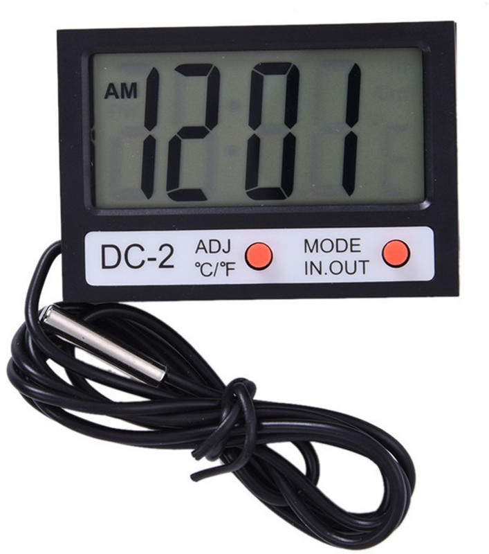balrama -10° to 50°C Digital Mini Electronic Thermometer DC-2 LCD Temperature Indoor Outdoor C/F + Table Clock AM PM + Wall Hanging Mini Wired External Sensor Probe Thermometer(Black)