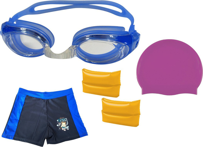 Golddust Swimming Goggles, Silicone Cap, ArmBand with Swim Shorts for 6-12 Year Child Swimming Kit