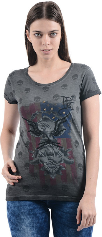 Ed Hardy Printed Women Round Neck Grey T-Shirt