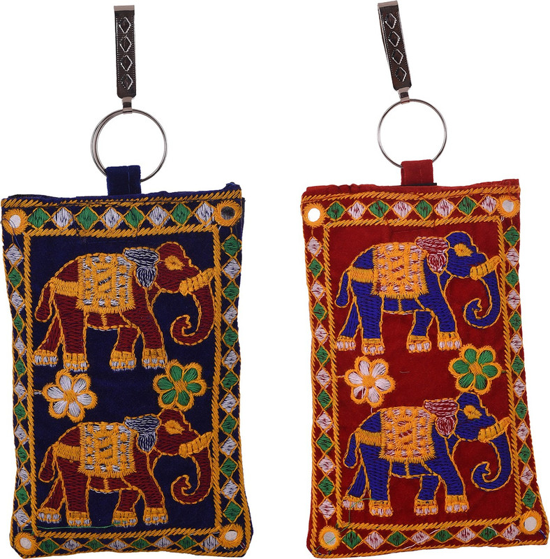 Craft Trade Women's Fabric Embroidered Work Mobile Pouch (11x3x18cm, Multicolour) Pouch(Multicolor, Brown)