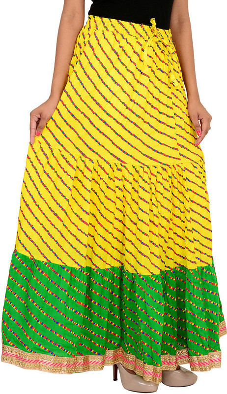 ooltah chashma Striped Women Broomstick Yellow, Green Skirt
