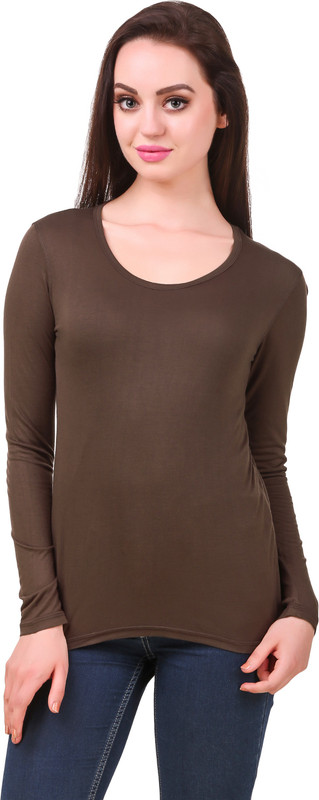 vibhinta Solid Women Round Neck Brown T-Shirt