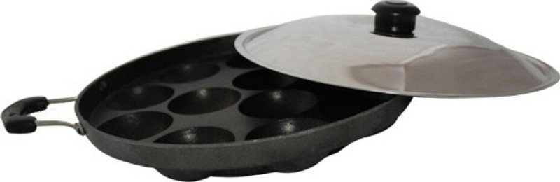 nageshwar 12 cavity Appam Patra with side handle,Stainless Steel lid,Wooden Spatula & Plastic scrubber with Lid(Aluminium, Non-stick)