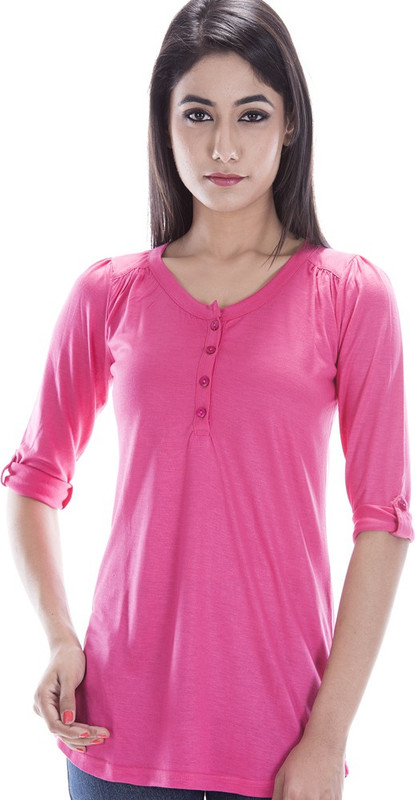 Amadore Solid Women Round Neck Pink T-Shirt